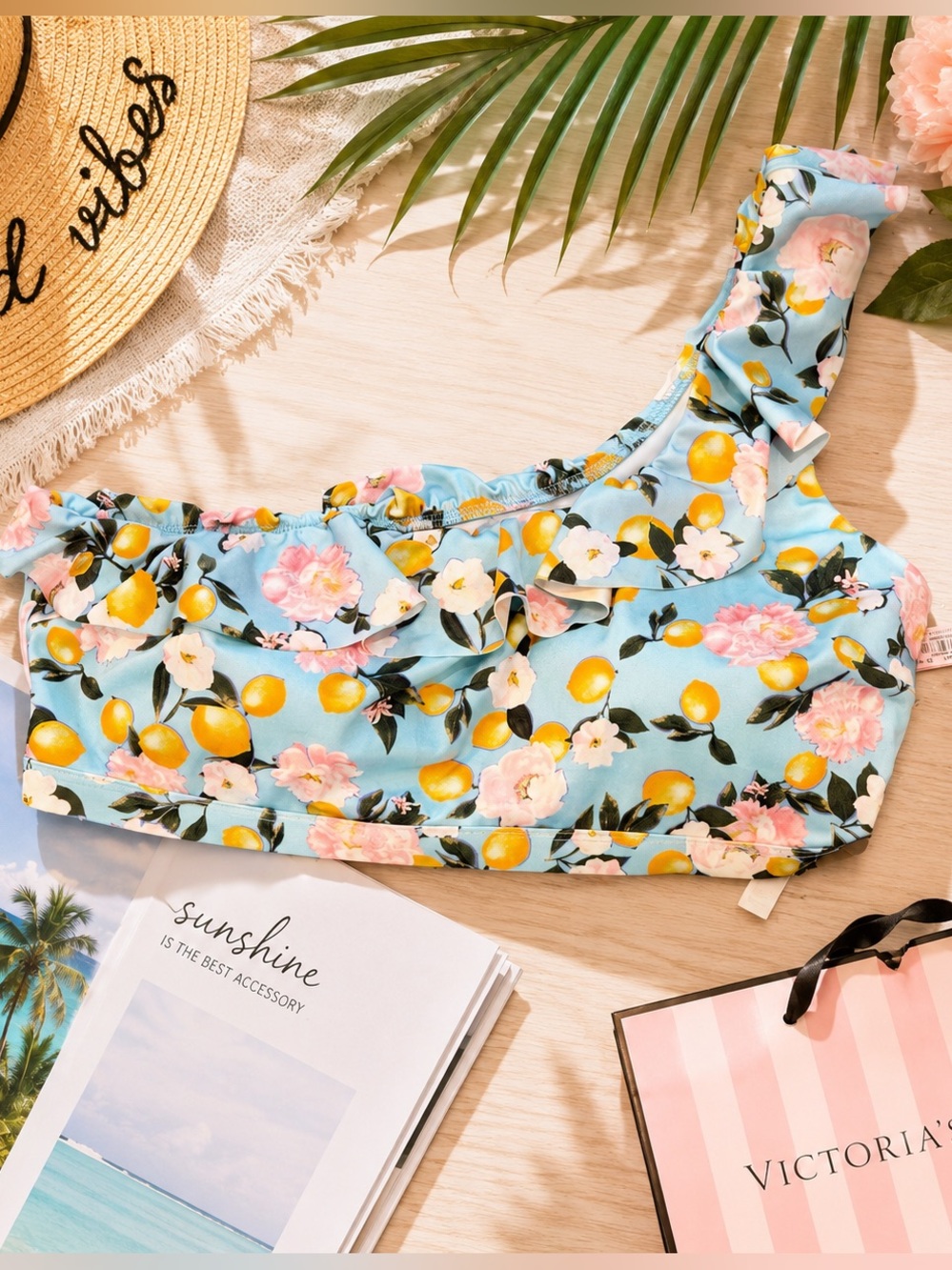 Victoria’s Secret Lemon Floral One Shoulder Ruffle Bikini Top Size XL NWT